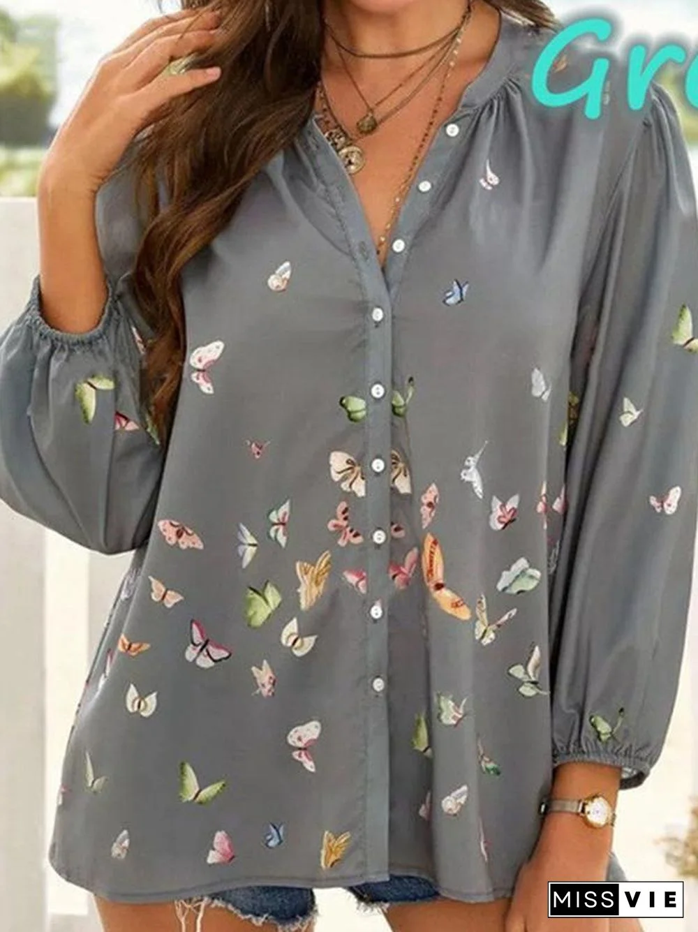 Women Casual Long Sleeve Shirt Collar Floral Printed Tops