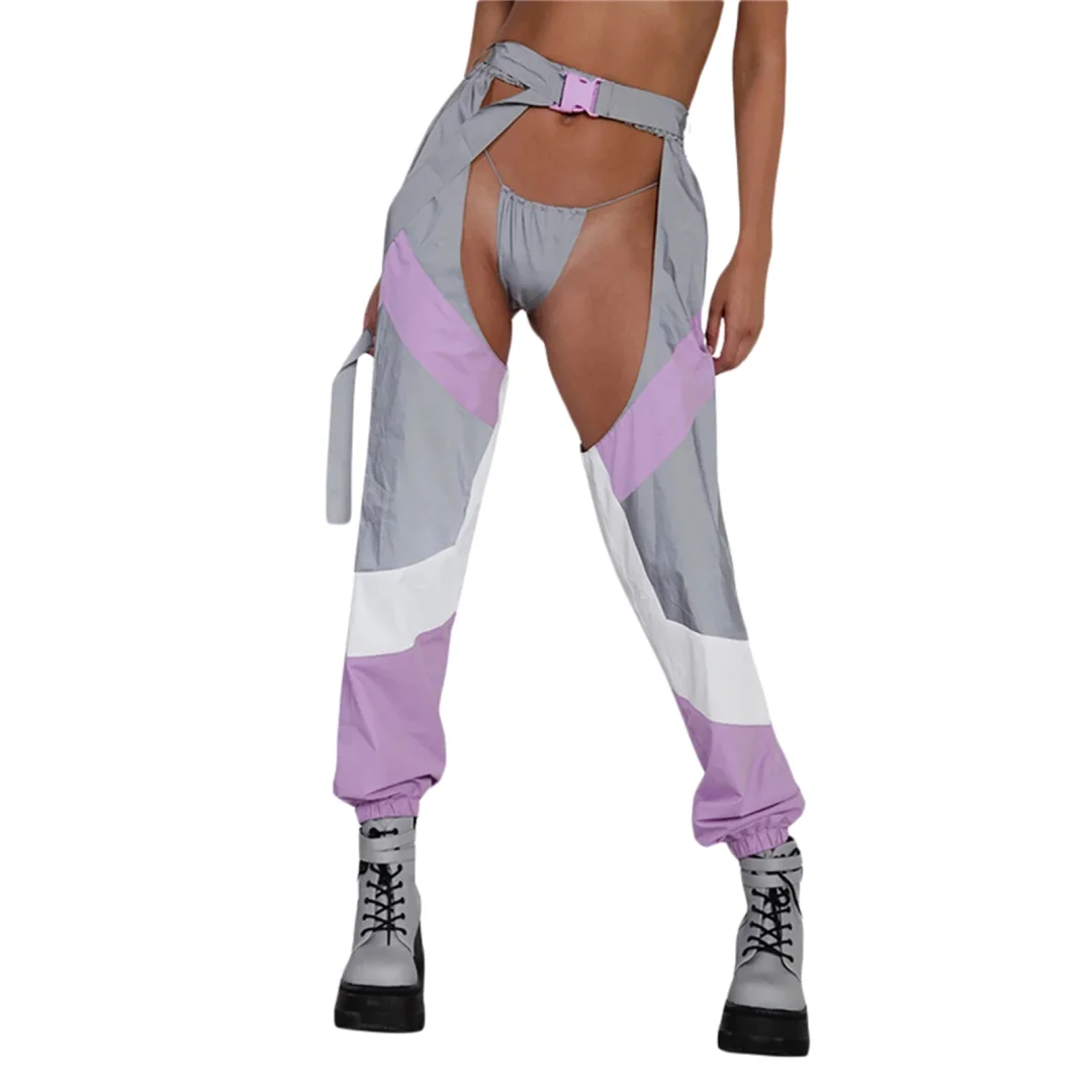 Woherb hirigin Women Buckles Bottomless Pants High Waist Cargo Trousers Crothchless Color Block Boggy Trousers Long Rave Legging