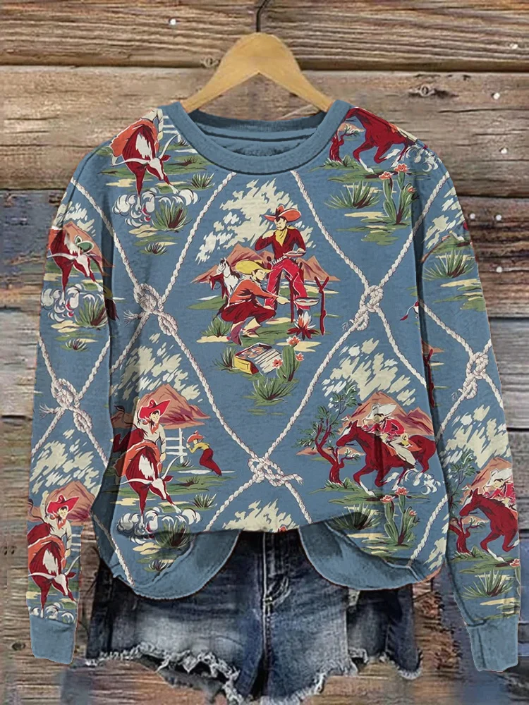 VChics Vintage Western Cowboy Print Casual Cozy Sweatshirt