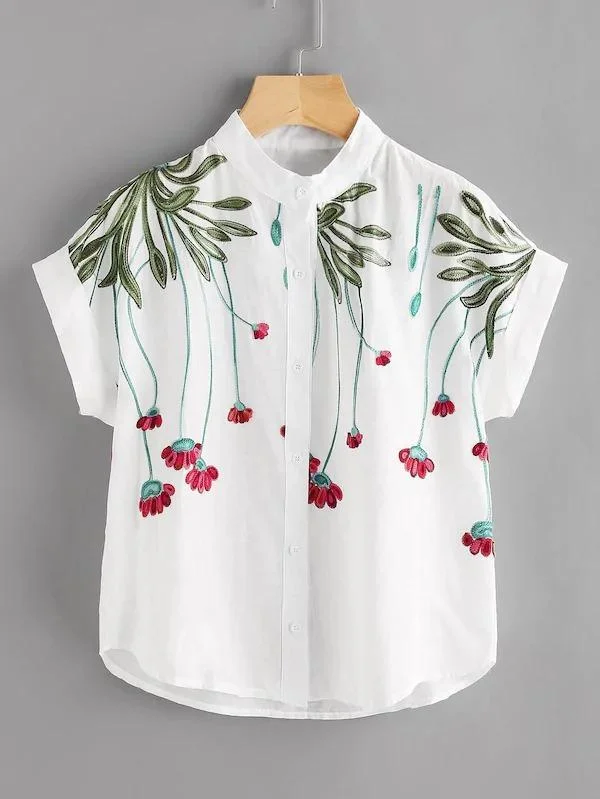Floral Embroidery Rolled Sleeve Blouse | IFYHOME