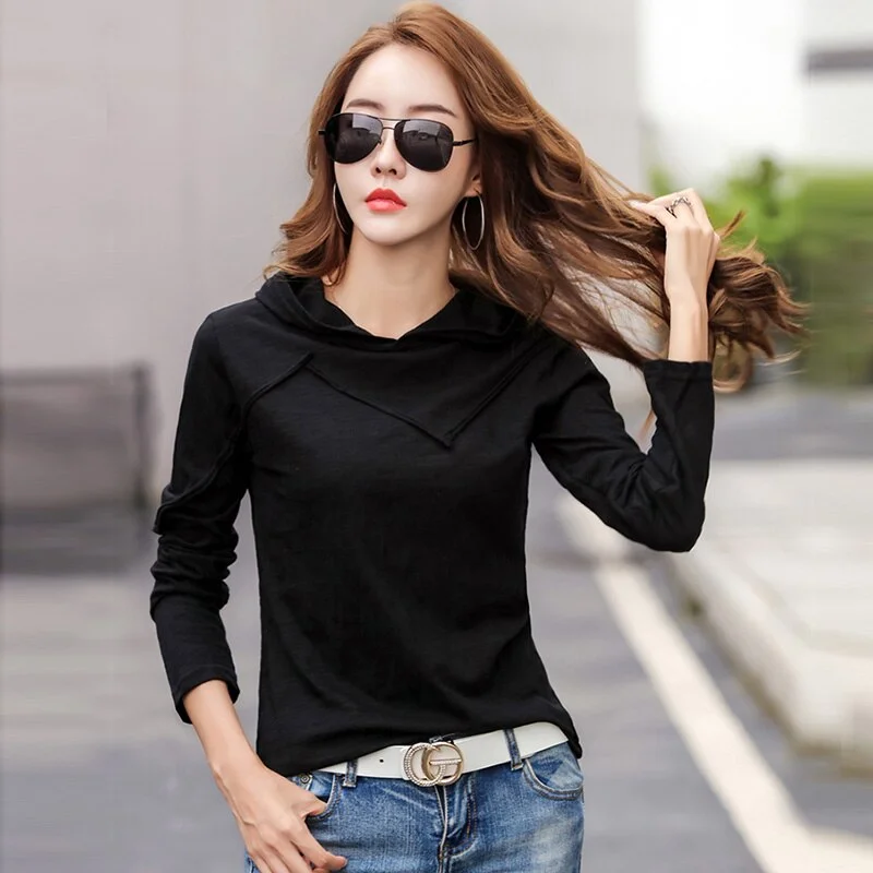 Long Sleeve Hooded T-shirt Bamboo Cotton Autumn Winter Tops New 2021 T Shirt Women Casual Patchwork Tee Shirt Femme White Black