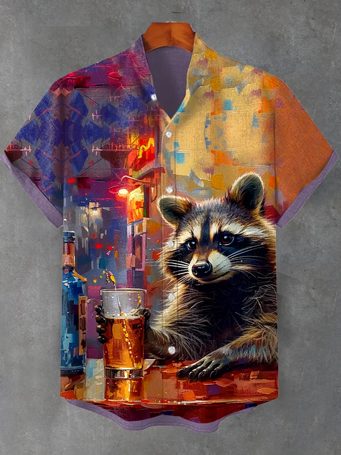 Men's Raccoon Drinking Oil Painting Print Casual Short Sleeve Shirt