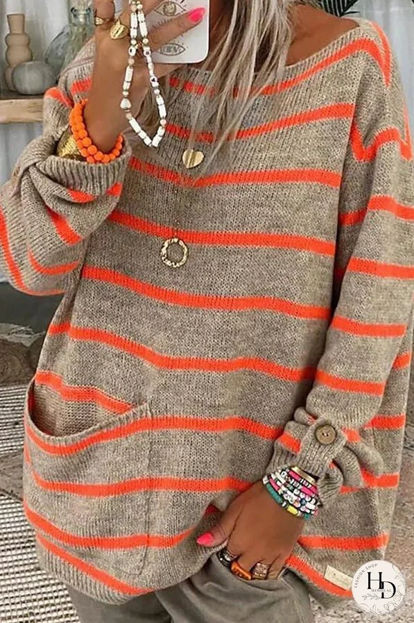 Solid Color Contrast Stripe Pullover Round Neck Loose Sweater