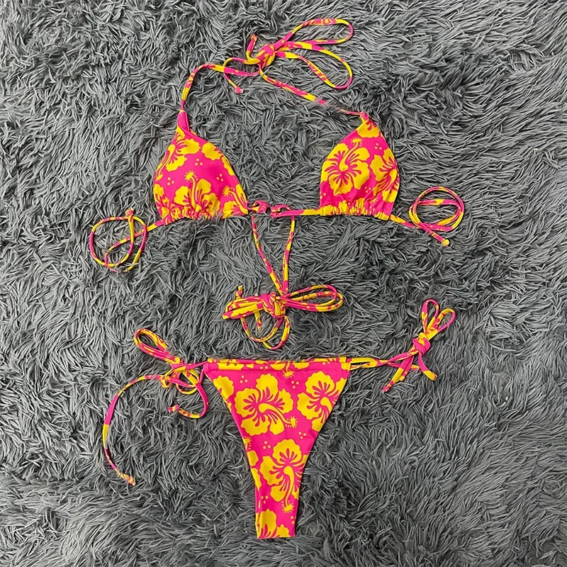 Peachtan Bandage Bikinis 2022 Mujer Brazilian Swimsuit Women's Swimming Suit Floral Print Swimwear Female High Cut Bathing Suits