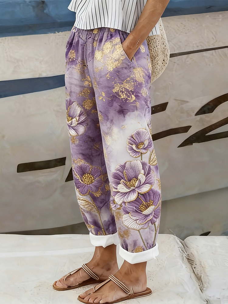 Purple Flower Art Abstract Marble Texture Linen Pants wearshes