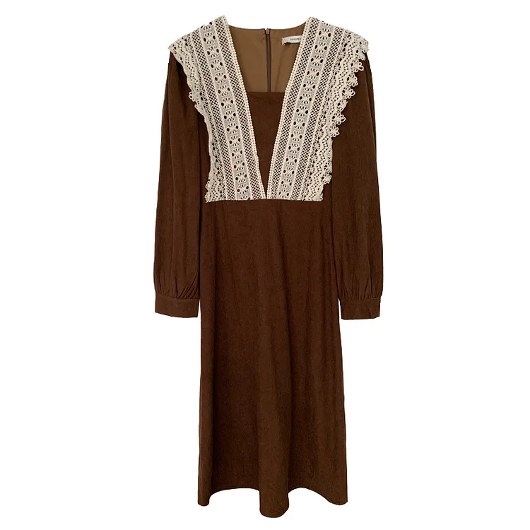 Urban Solid Color Lace Collar Midi Dress - yankia