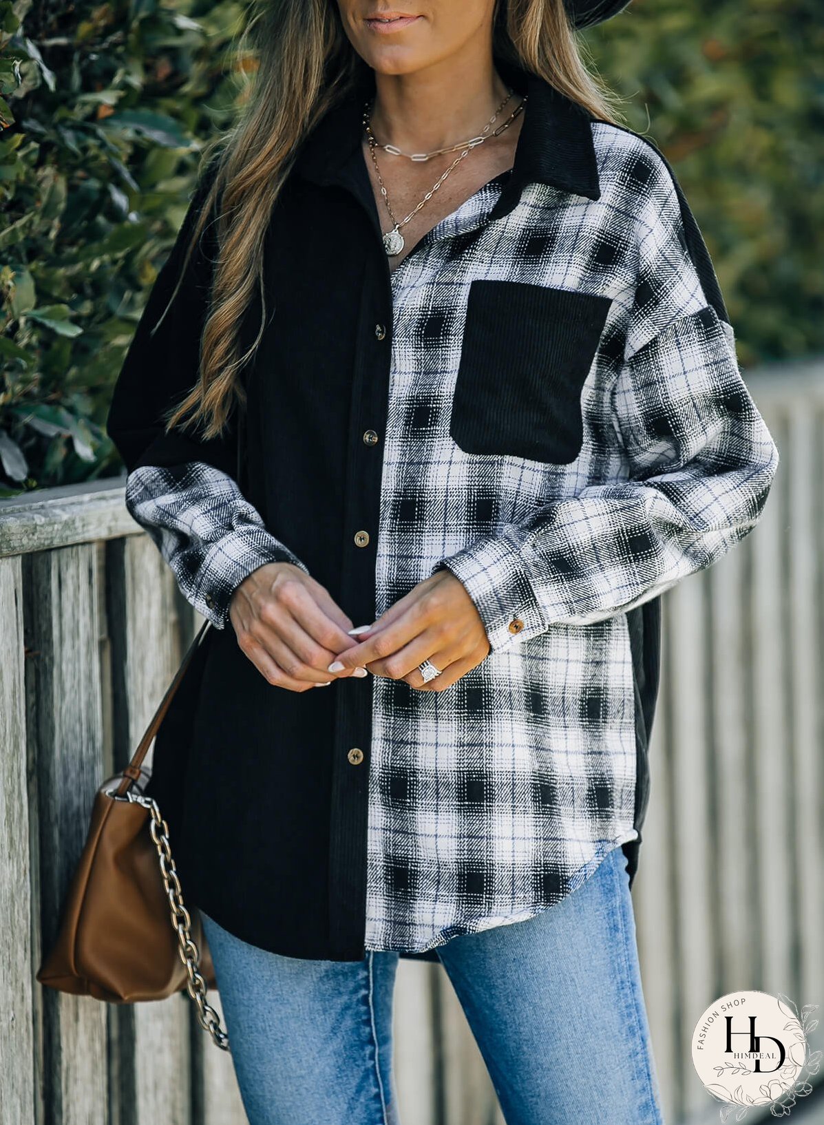 Double Take Plaid Color Block Dropped Shoulder Corduroy Shacket