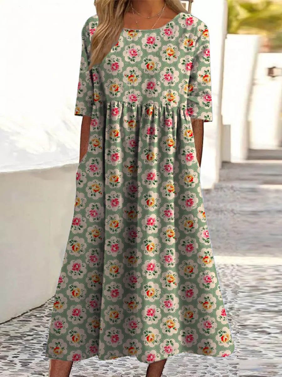 Women's Vintage Lovely Floral Art Print Pocket Cotton Dress