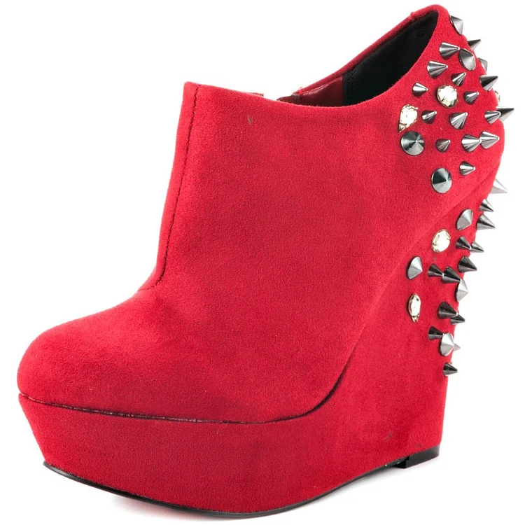 Red Vegan Suede Wedge Platform Ankle Boots with Rivet Decor |FSJ Shoes
