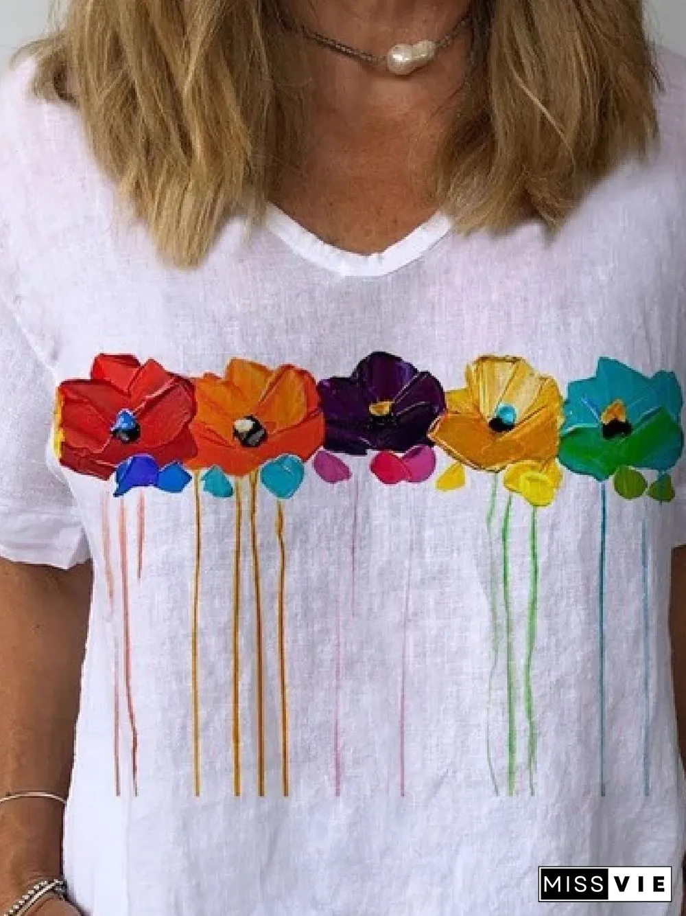 Casual Floral V Neck Cotton Short Sleeve Loosen Floral Tops