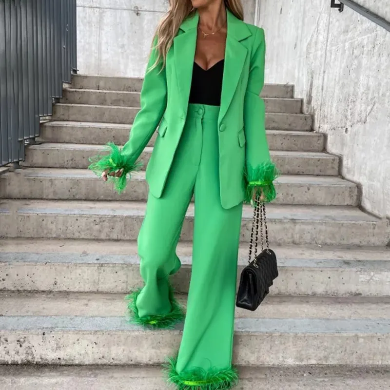 Womens Fashion Solid 2-Piece Sets Casual Long Sleeve Lapel One Button Blazer And Straight