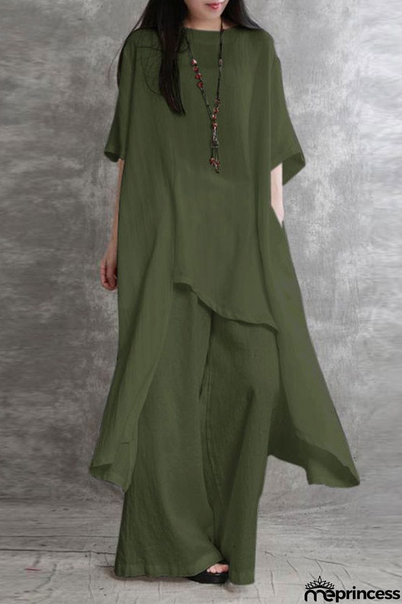 Casual Solid Pocket Asymmetrical O Neck Two Pieces