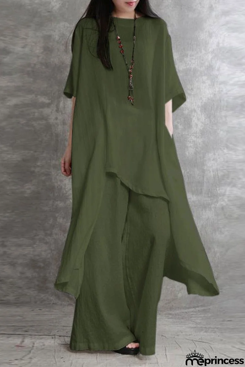 Casual Solid Pocket Asymmetrical O Neck Two Pieces