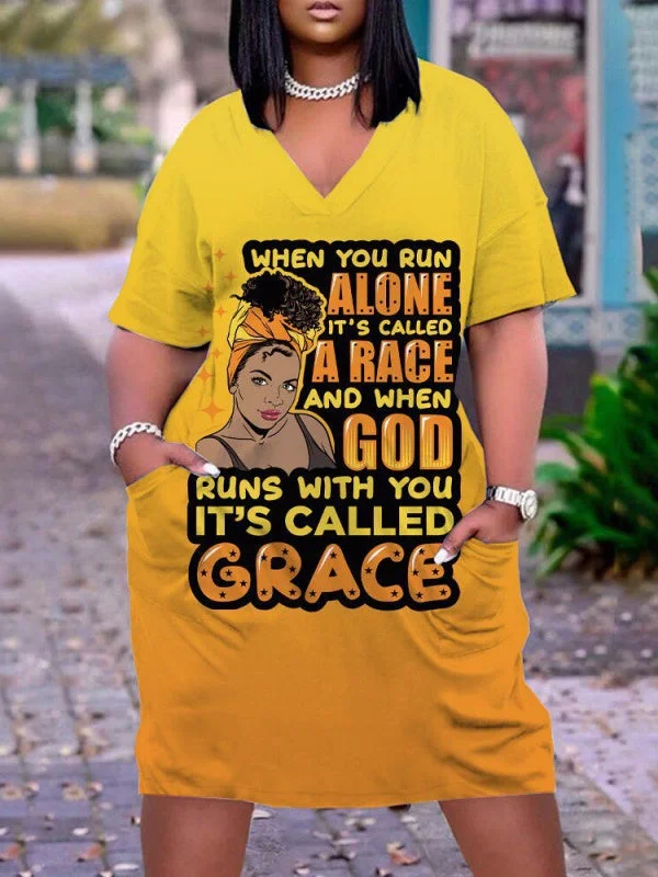 Women's Yellow Plus Size V-neck Mid-sleeve Dress