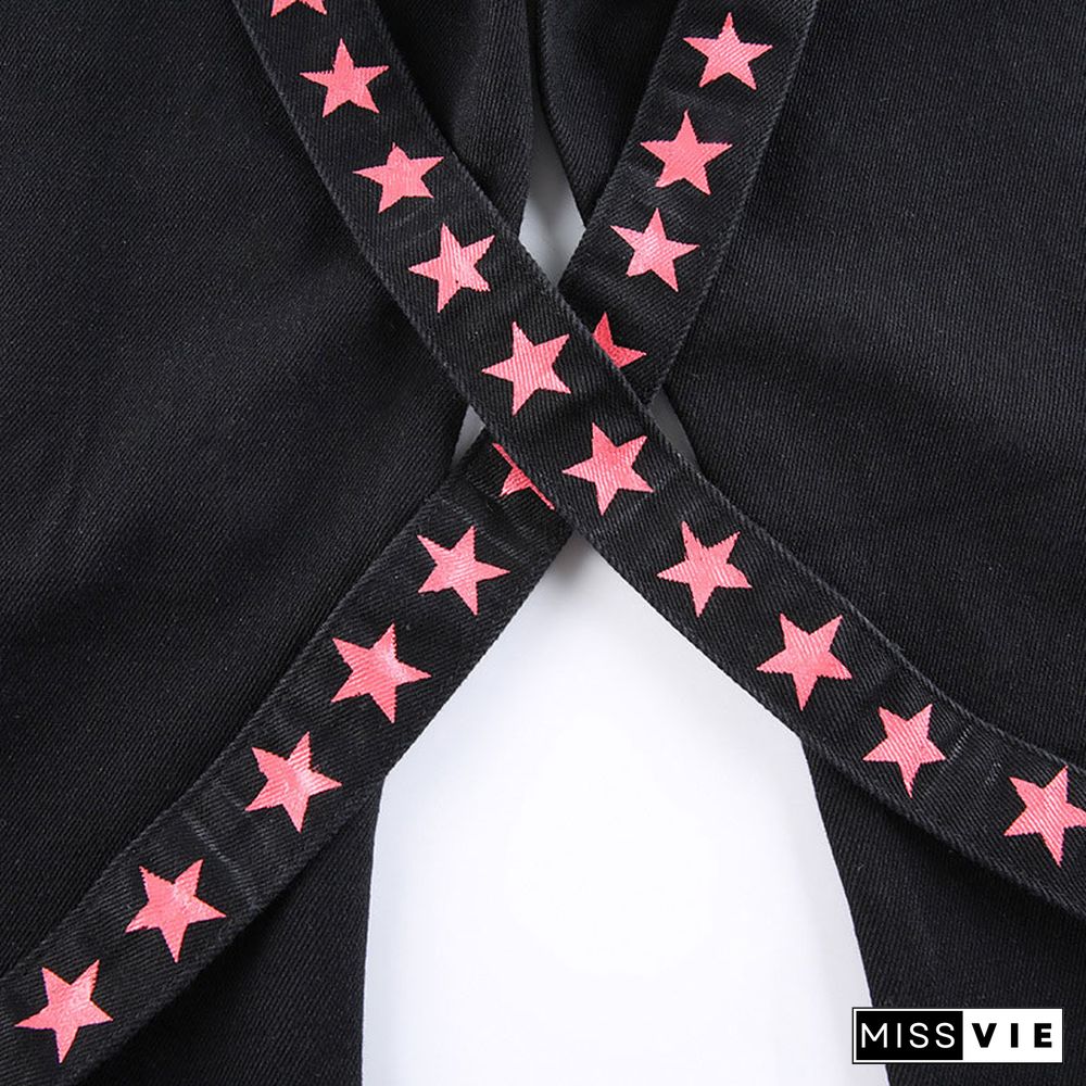 Star Print Ribbon Pocket Casual Denim Pants
