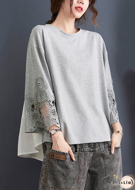 Women Grey Ruffled Lace Patchwork Cotton Tops Spring