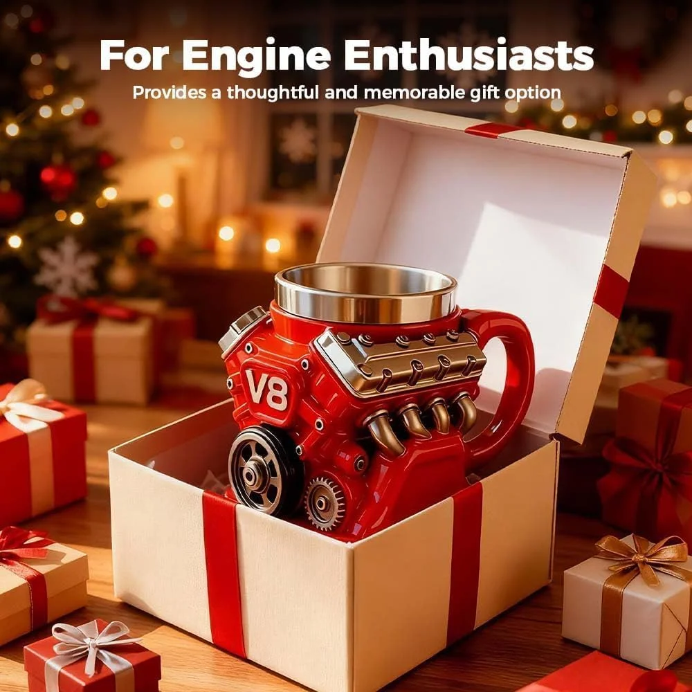 V8 engine-shaped coffee mug, retro style, made of stainless steel, customizable, double-walled design, insulated for car use, with handle, the perfect gift for Father's Day, Christmas, or for your husband or boyfriend (red, 1 piece).