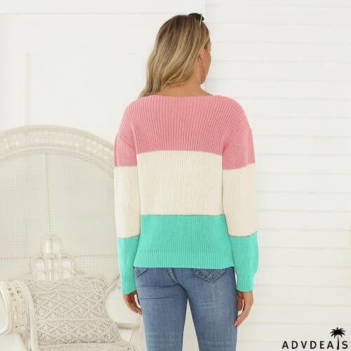 Color Block V-Neck Long Sleeve Sweater