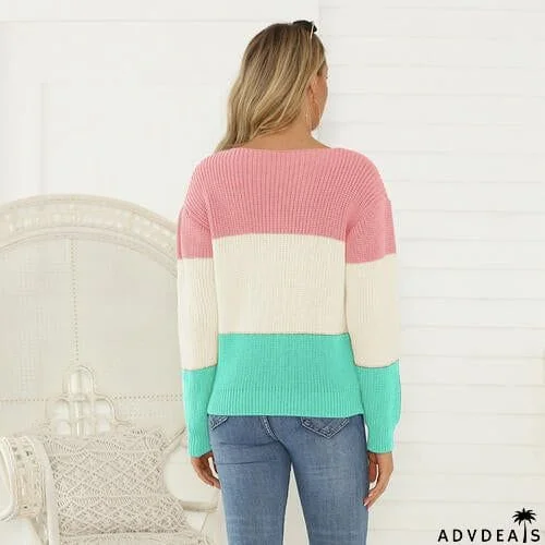 Color Block V-Neck Long Sleeve Sweater