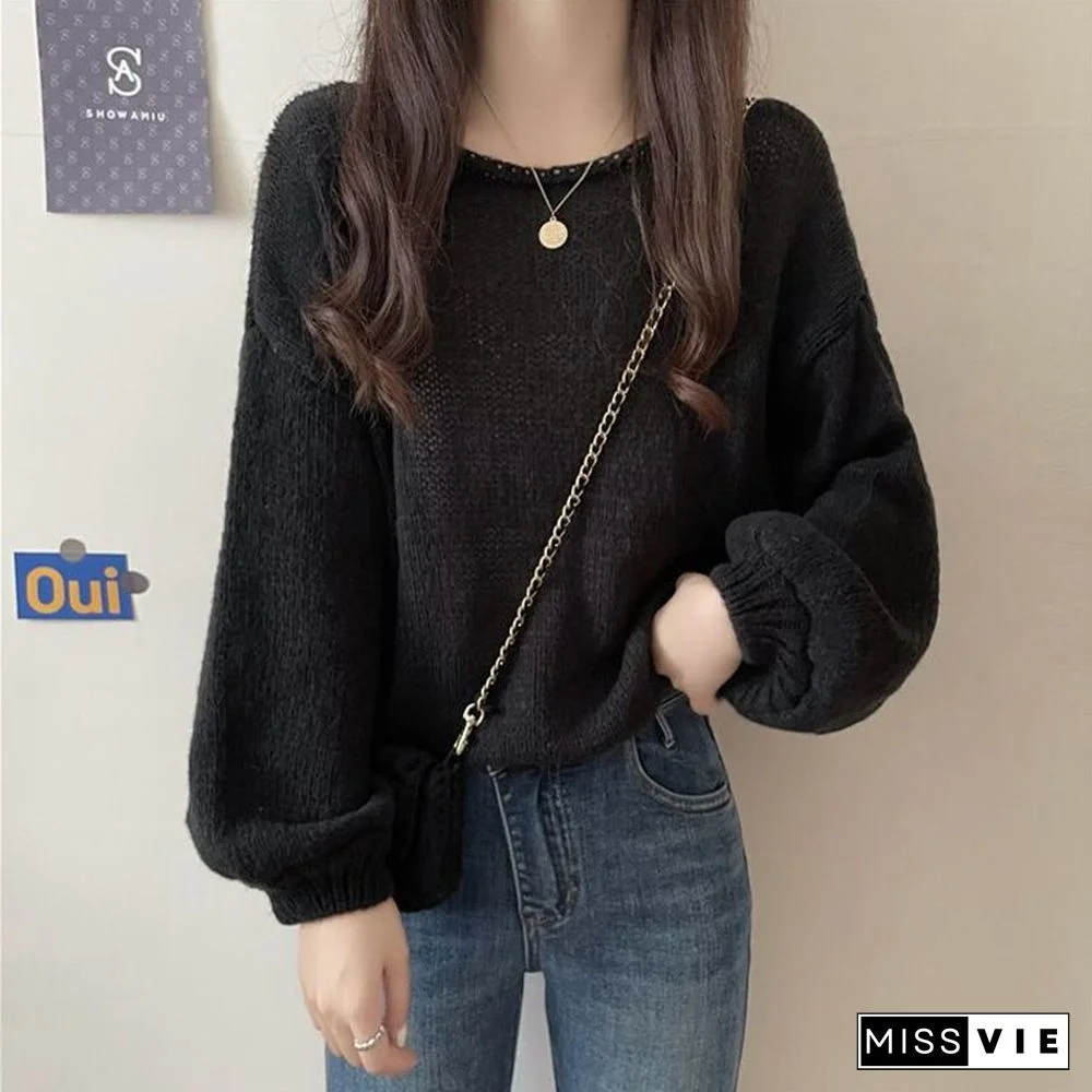 Streetwear Women Lantern Sleeve Sweaters Pullovers Fashion Harajuku Korean Y2k Tops Fall Loose O-Neck Lazy Wind Clothes