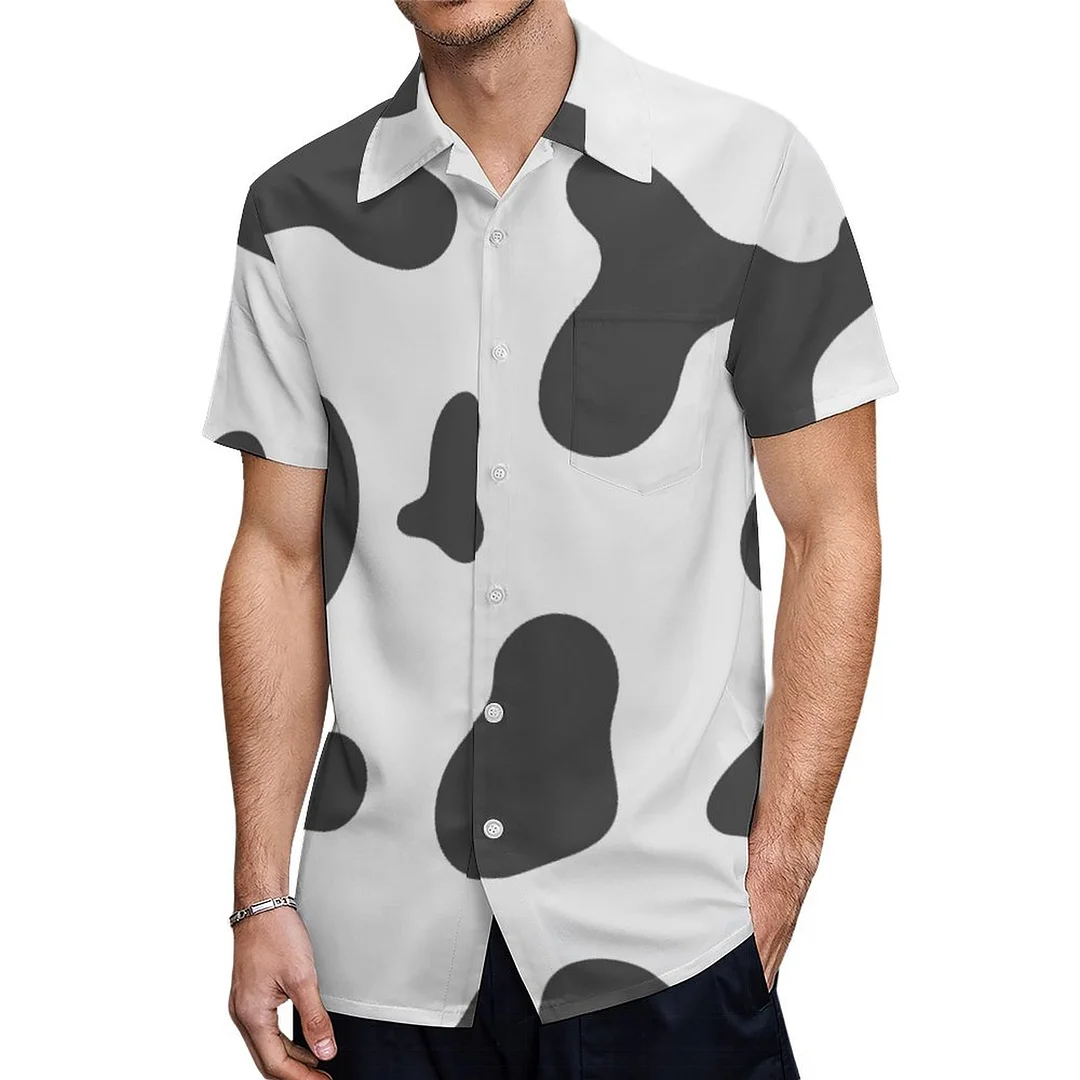 Black White Cow Print Spotted Cowhide Hawaiian Shirt Mens Button Down Plus Size Tropical Hawaii Beach Shirts