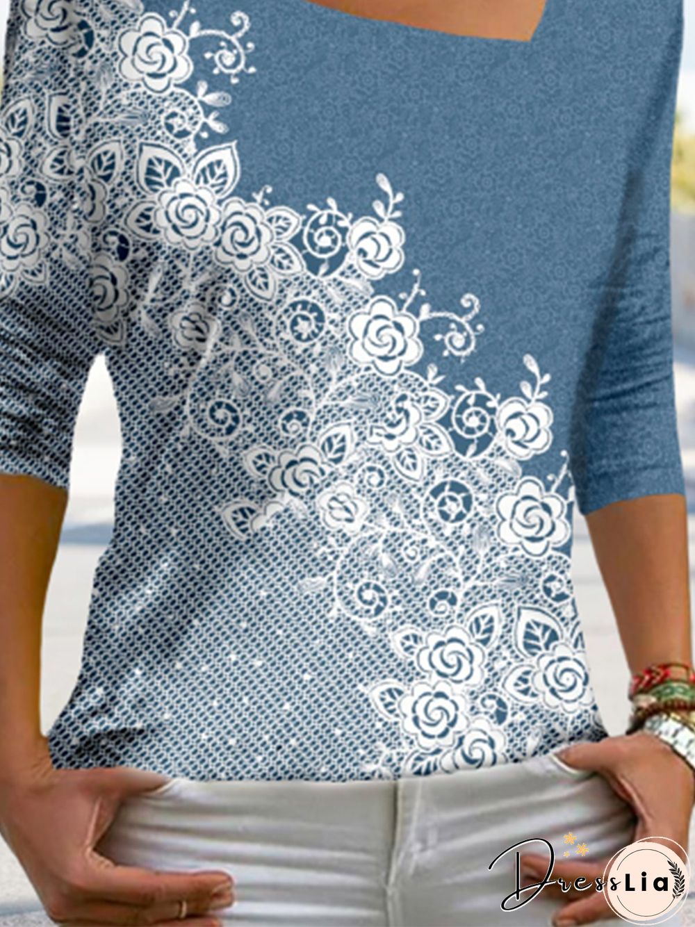 Casual Floral Autumn Micro-Elasticity Daily Best Sell Asymmetrical Long sleeve Regular Size T-shirt for Women