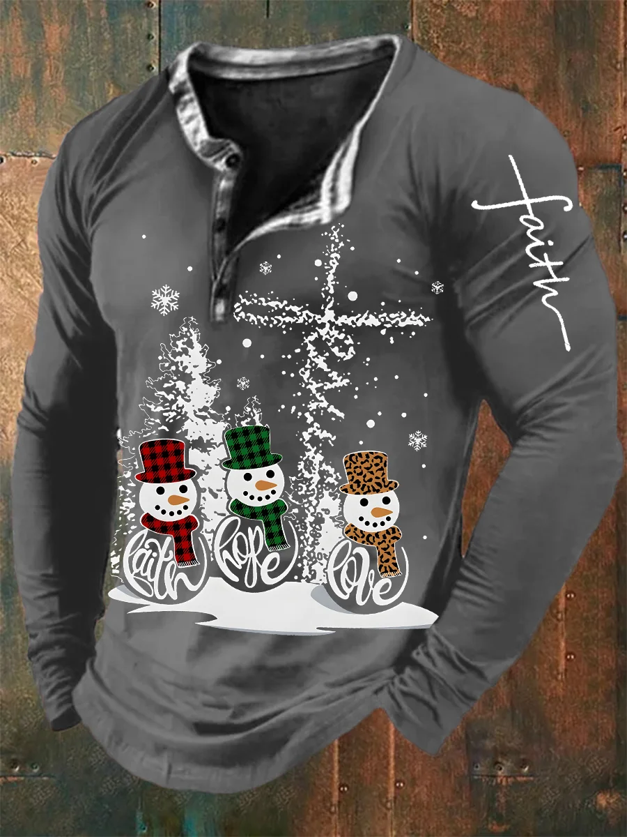 Men's Christmas Snowman Cross Faith Print Long Sleeve Henley Shirt