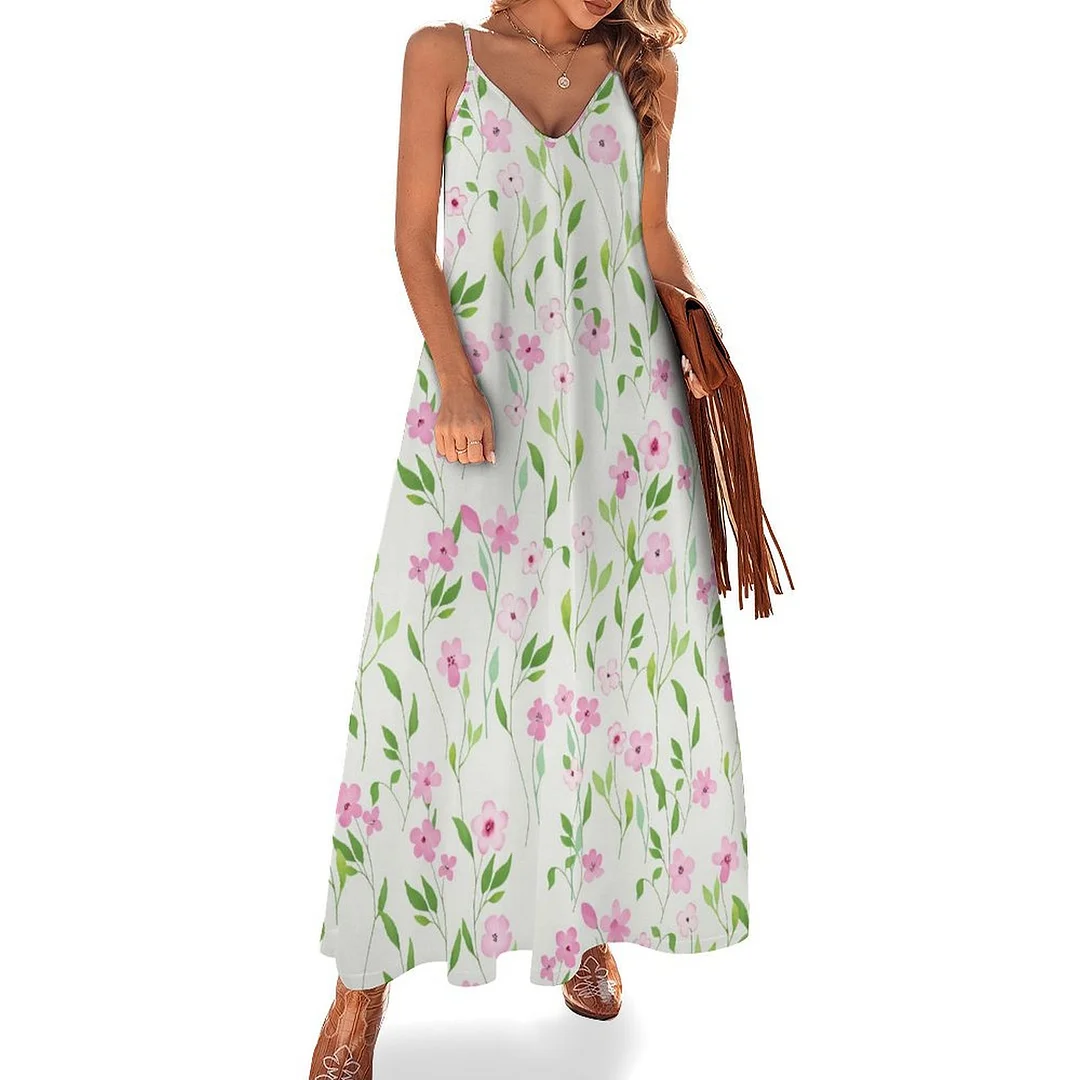 Style & Comfort for Mature Women Plus Size Printed Sling Casual Women Maxi Dress in Pattern Floral, Green, Pink