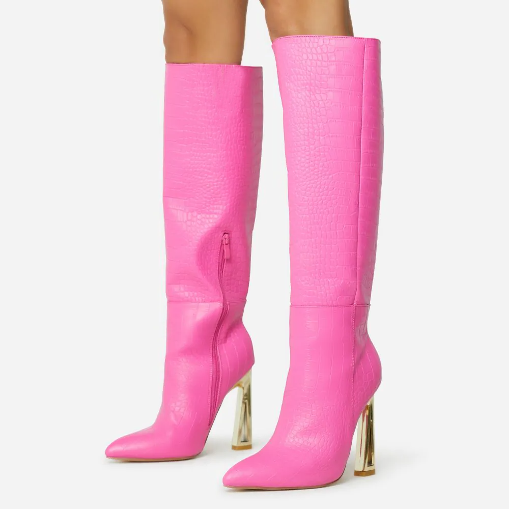Women's Croco Embossed Decorative Heel Knee High Boots in Pink Nicepairs