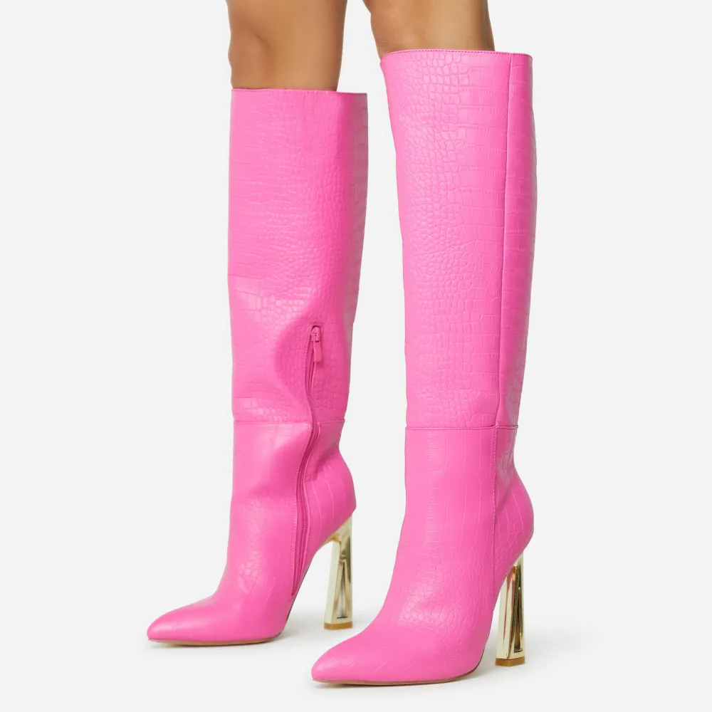 Pink Snakeskin Pointed Toe Knee Boots Golden Decorative Knee High Boots Nicepairs