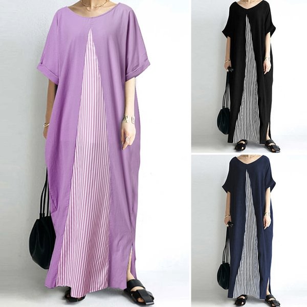 Women Short Sleeve Cotton Linen Dress Patchwork Stripe Dresses Plus Size - Shop Trendy Women's Clothing | LoverChic
