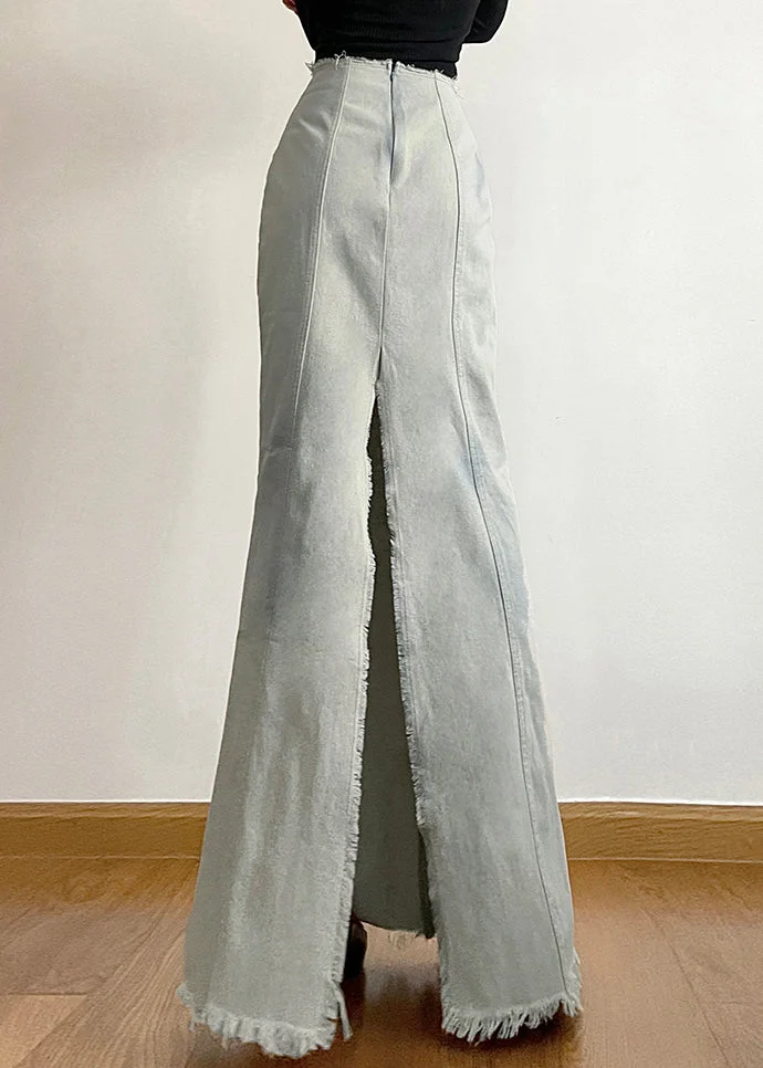 High Rise Light Blue Knee Length Slit Denim Skirt
