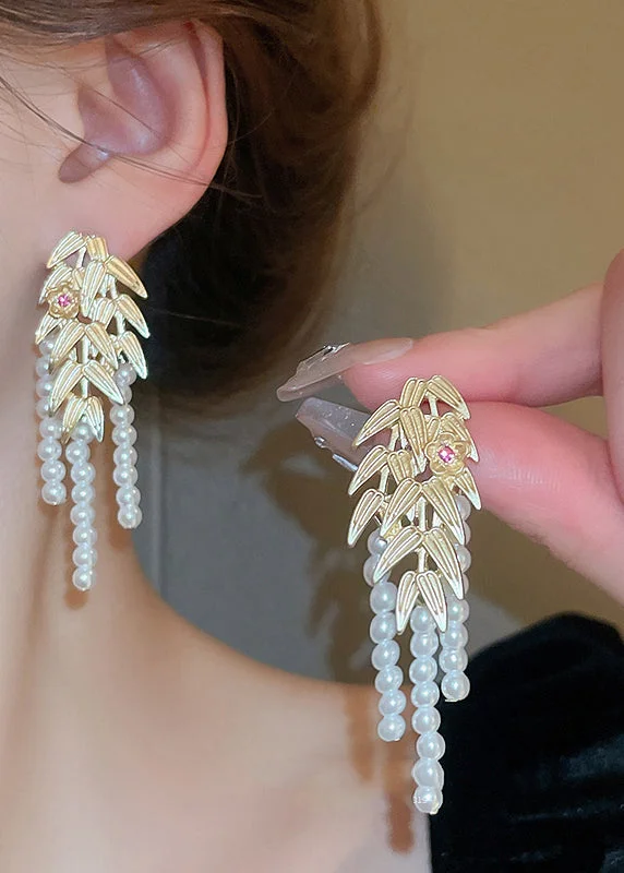 Casual Gold Overgild Butterfly Pearl Leaf Tassel Drop Earrings