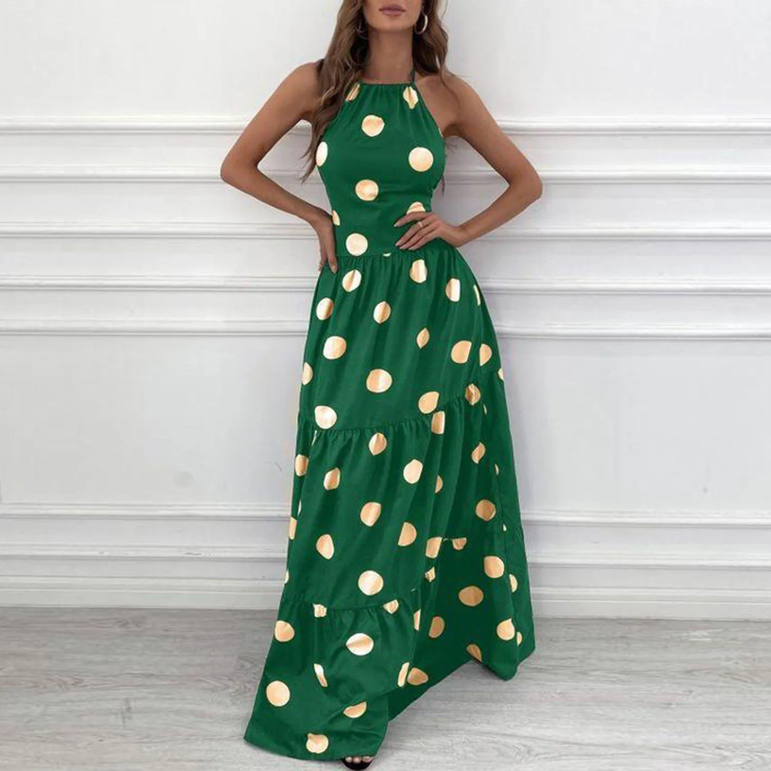 Chic Polka Dot Print Sleeveless Maxi Dress-vocosishoes