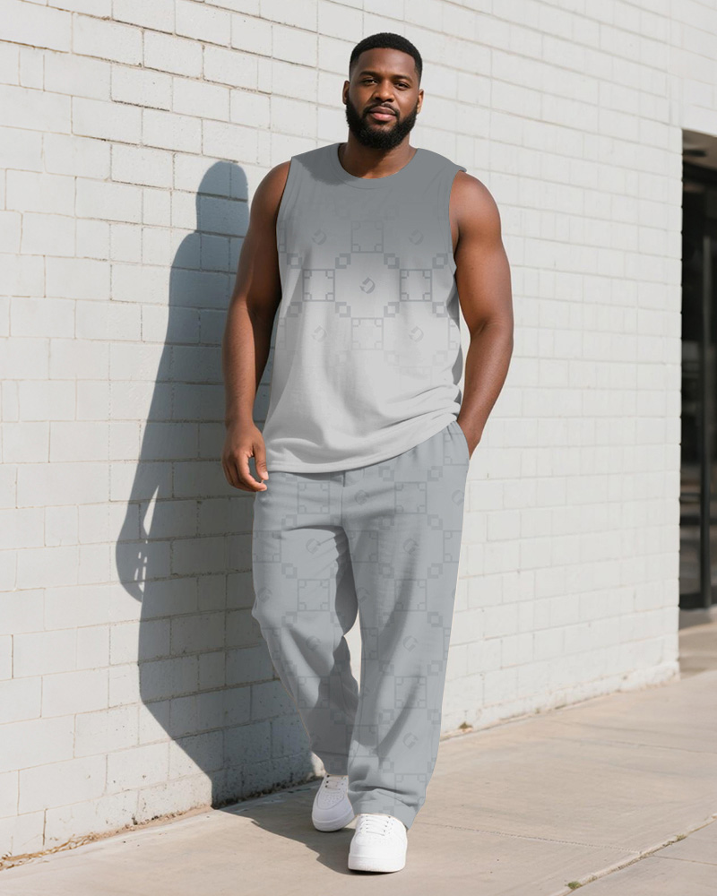 Big & Tall Men's Light Gray Gradient Geometric Letter Print Vest Trousers Suit