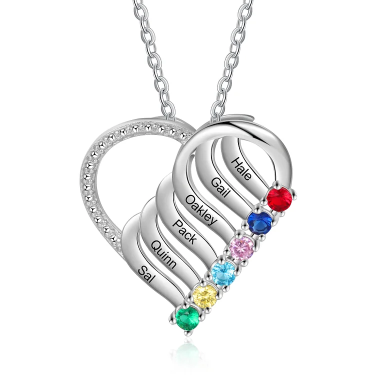 Heart Birthstone Necklace Custom 6 Names Love Mother Necklace for Her