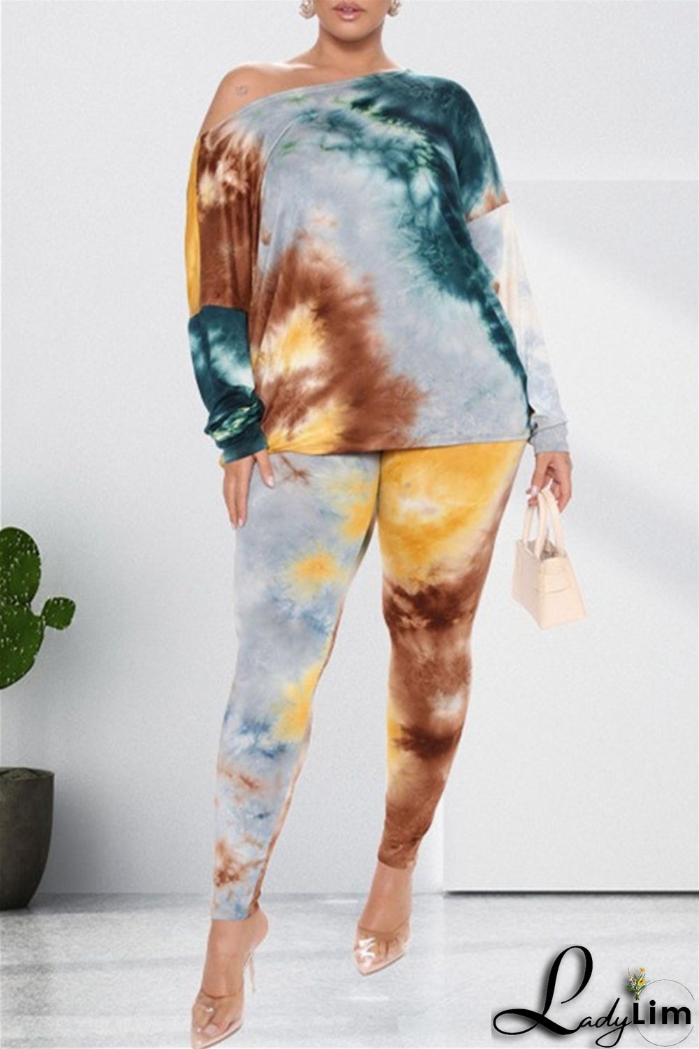 Light Coffee Fashion Casual Print Tie Dye Backless O Neck Long Sleeve Two Pieces