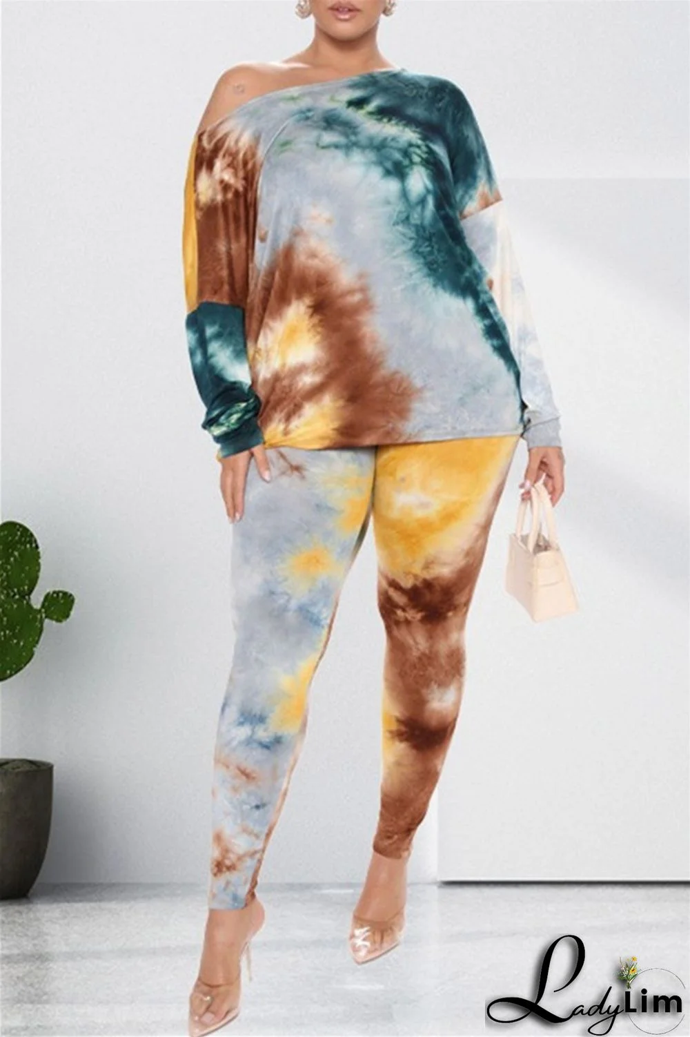 Light Coffee Fashion Casual Print Tie Dye Backless O Neck Long Sleeve Two Pieces