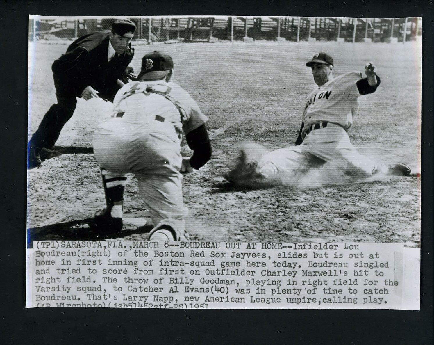 Lou Boudreau Al Evans Umpire Larry Napp 1951 Press Photo Poster painting Boston Red Sox