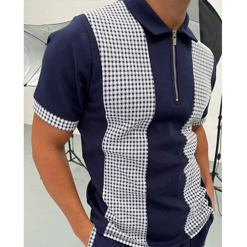 Black White Color Block Short Sleeve Zipper Men's Polo Shirts-VESSFUL