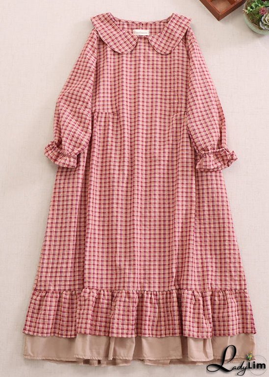 Beautiful Red Plaid Peter Pan Collar Ruffled Cotton Dresses Spring