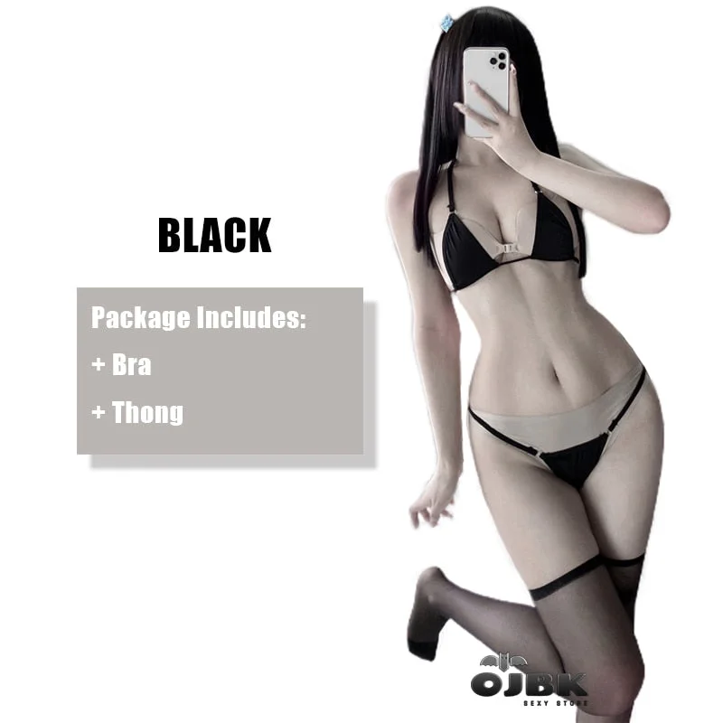 OJBK New Women Underwear Set Mini Halter String Triangle Bra And Thong Bikini Two Piece Swimsuit Cosplay Costumes For Girls 2021