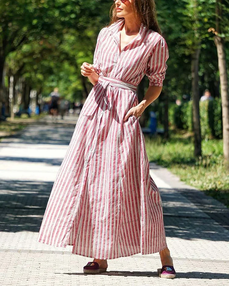 Relaxed Stripe Tie Shirt Dress