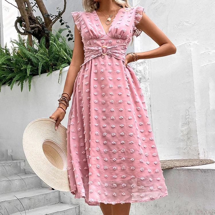 Women's Fashion Loose Casual Jacquard Ruffle Midi Dress