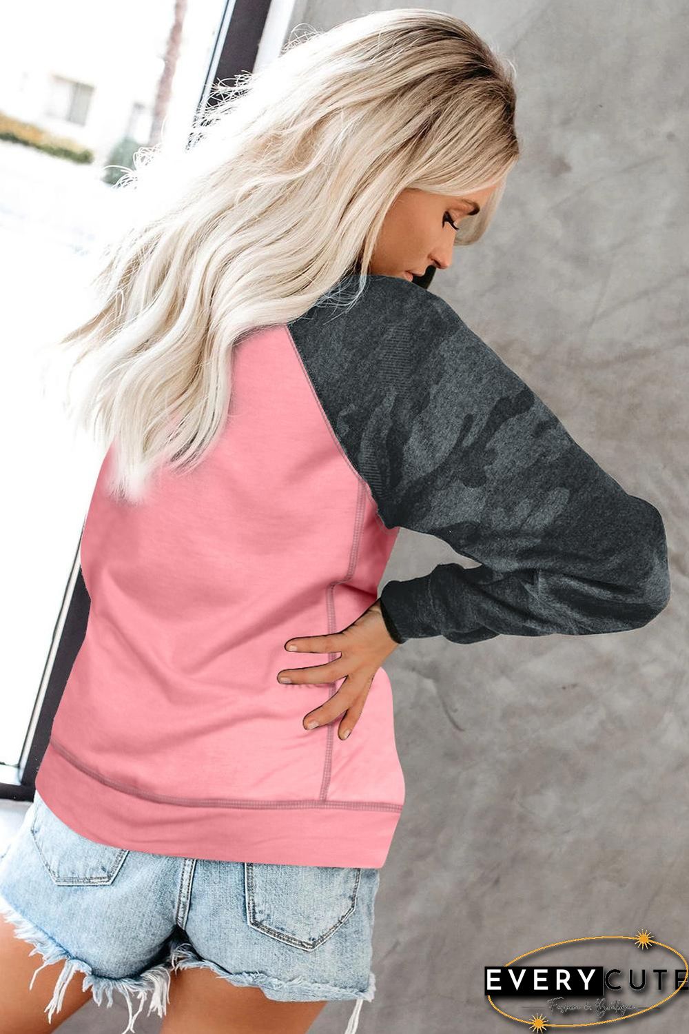 Pink Crewneck Camo Print Long Sleeve Sweatshirts