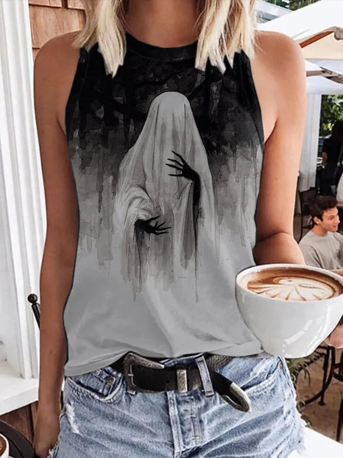 Women's Vintage Ghost Art Print Sleeveless Tank Top