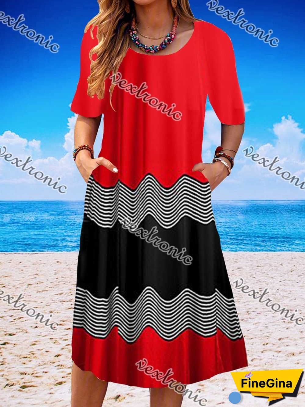 Women Short Sleeve Scoop Neck Stitching Midi Dress