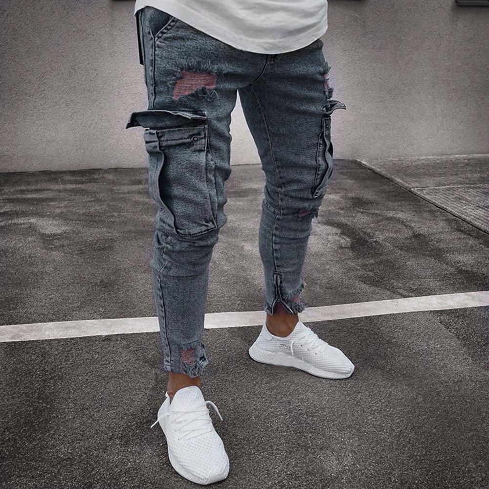 Mens Stretch Denim Pant Distressed Ripped Freyed Slim Fit Pocket Jeans Trousers