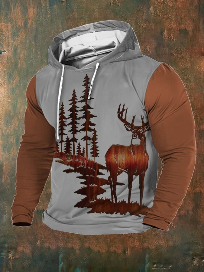 Men's Casual Retro Elk Print Hoodie