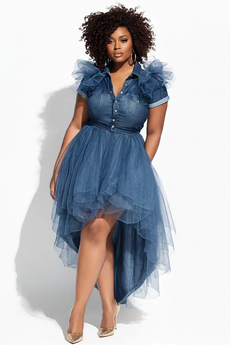 Xpluswear Design Plus Size Party Tulle Blue Shirt Collar Short Sleeve Contrast High Low Hem Tencel Denim Midi Dresses [Pre-Order] 2024 - Xpluswear